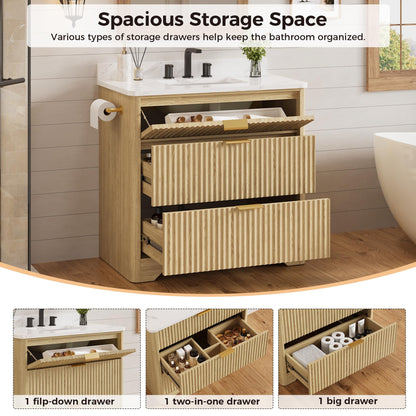 IRONCK 36 inch Bathroom Vanity with Ceramic Sink, Freestanding Wood Grain Sink Cabinet with 3 Storage Drawers (2 Standard + 1 Flip-Down), Farmhouse
