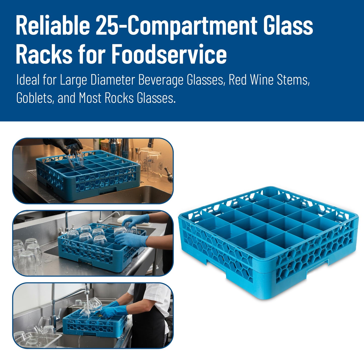 Carlisle FoodService Products Opticlean 25-Compartment Glass Rack with 1 Extender, Blue , 5.56"
