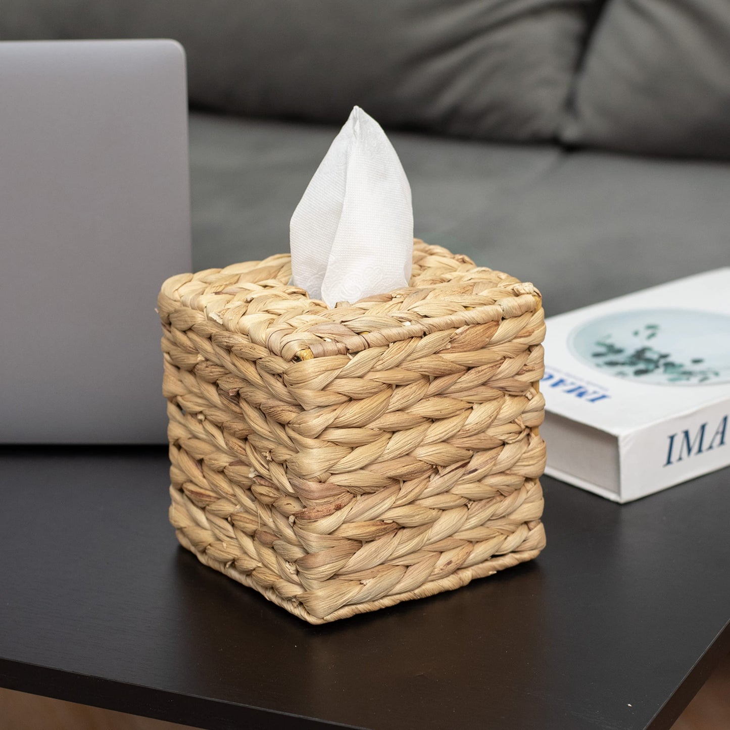KOLWOVEN Tissue Box Holder - Square- Rattan Wicker Tissues Cube Box Cover -Boho Decorative Woven Facial Tissue Holder on Table and Barthroom (Square)
