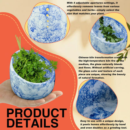 Acouza Chinese Kiln Transformation Blue and White Pattern Ceramic Herb Stripper Bowl - Pottery Herb Stripper, Kitchen for Efficient Kale/Cilantro/Thyme Leaf Removal