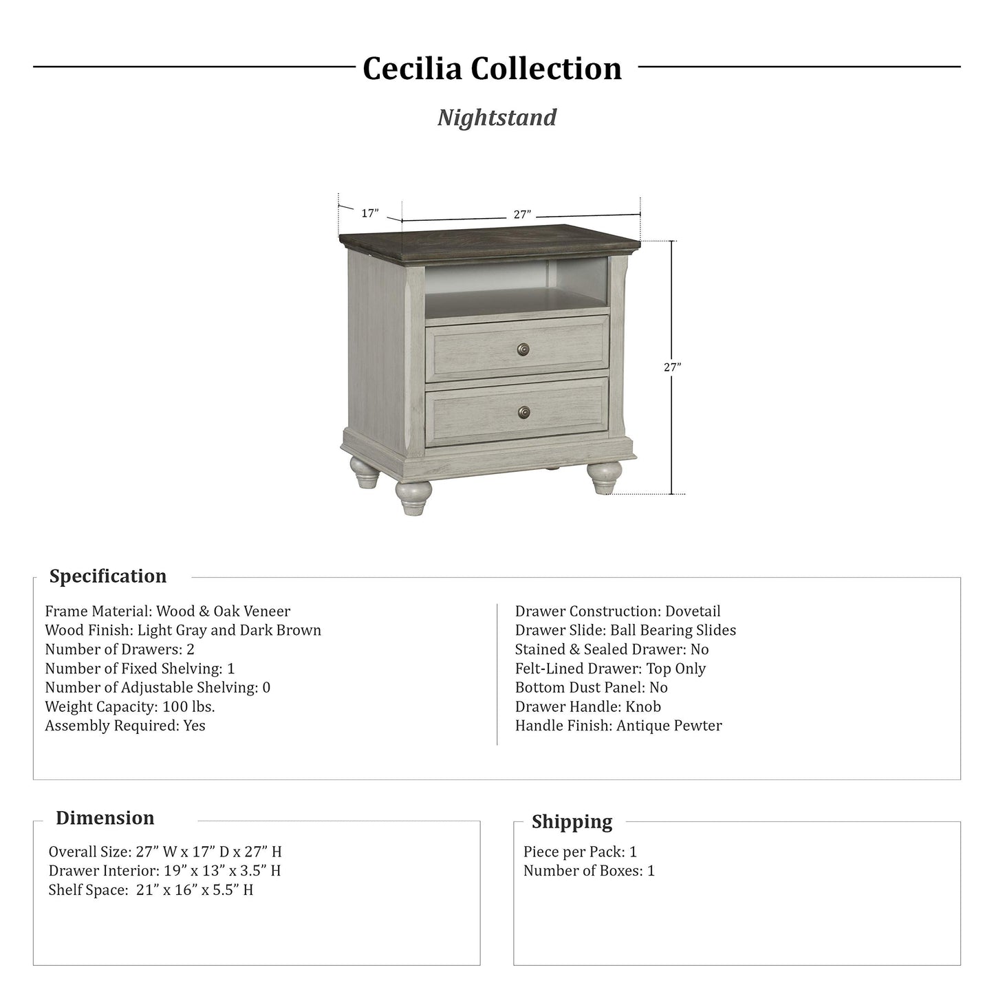Lexicon Cecilia Nightstand, Gray