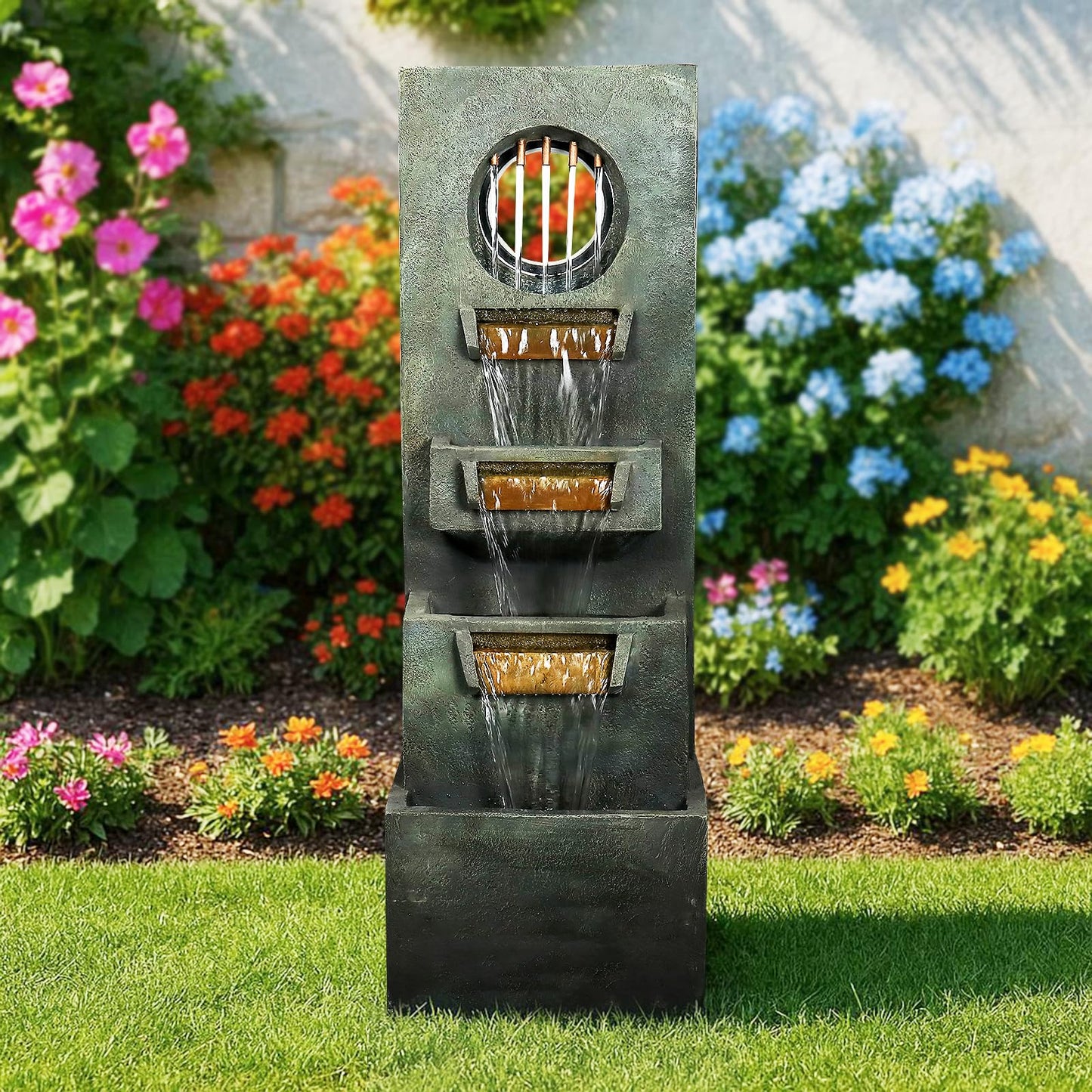 Naturefalls 39.3” H Modern Outdoor Fountain - 4-Tiered Outdoor Garden Fountains with Contemporary Design&LED Light for Garden, Patio, Deck, Porch, Backyard and Home Art Decor