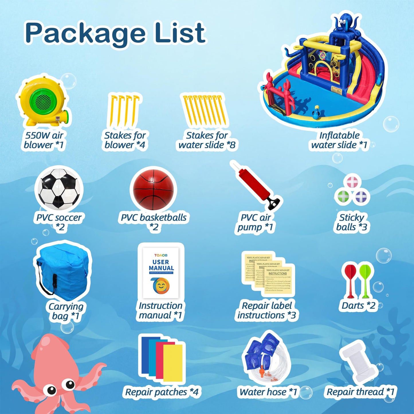 TOAOB Inflatable Water Slide for Kids 3-12: Blow Up Backyard Water Park with 550W Blower- 8 in 1 Octopus-Themed with 2 Slides for Outdoor Birthday Party