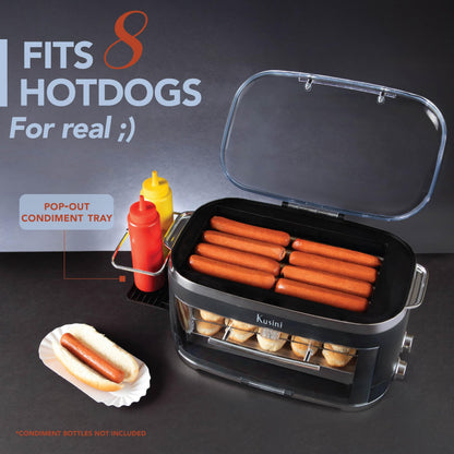 Kusini Hot Dog Roller Grill & Toaster Oven - Holds 8 Hot Dogs & 8 Buns, keep warm Option & Condiment Holder - Kitchen Appliance Hot Dog Cooker Machine - Hosting Party Essential, Unique Gifts Idea