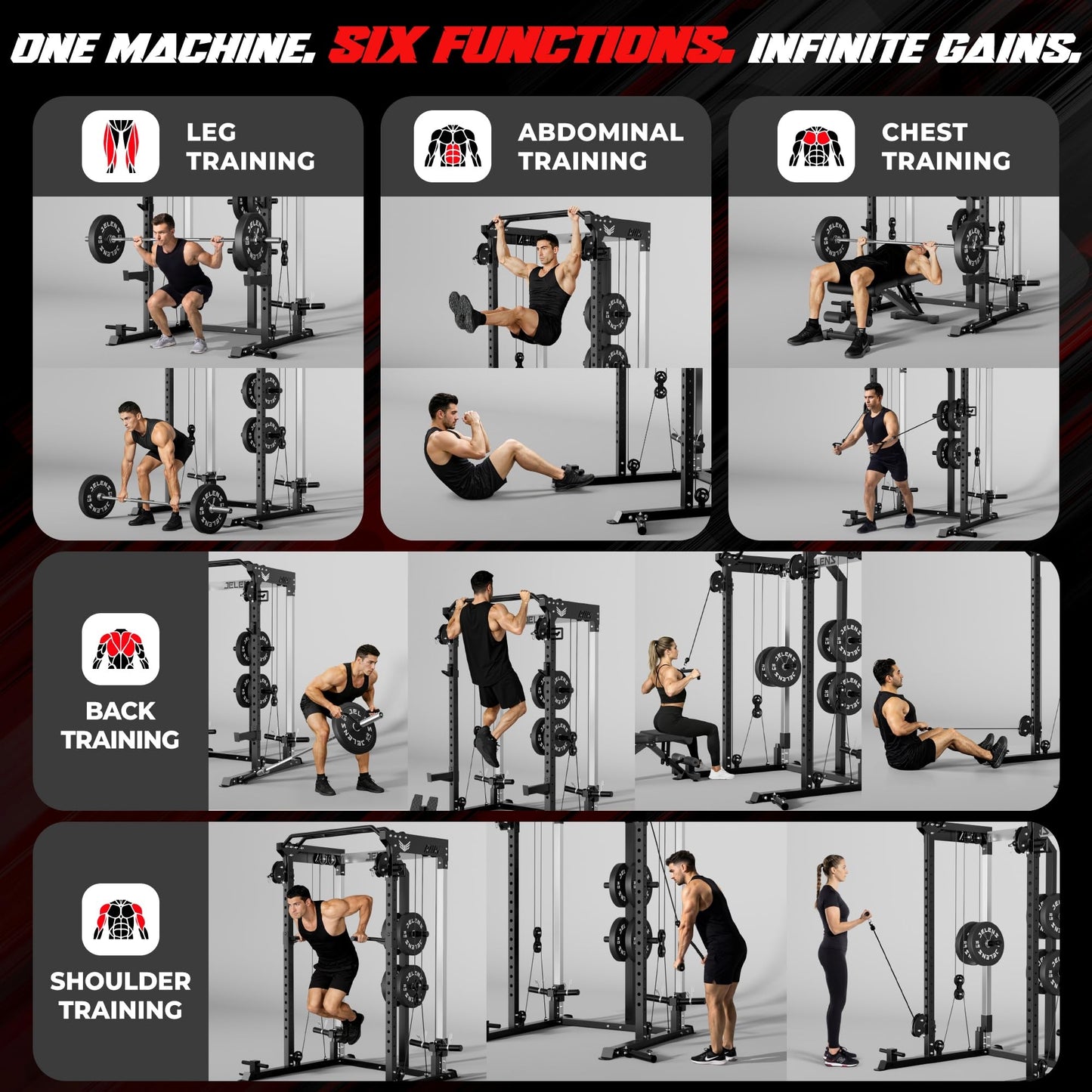 JELENS C21 Power Cage, 2000LBS Multi-Function Power Rack with Independent Dual Pulley System, All-in-One Squat Rack for Cable Crossover, Home Gym Workout Machine (Black, C21 Power Cage)