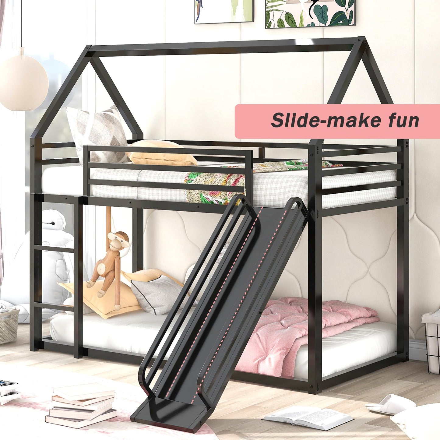 Merax Modern Twin Over Twin Heavy Steel Low Bunk Bed with Ladder and Slide, House Shaped Bunk Bed Frame with Full Lenght Guardrail, No Box Spring Needed, Space-Saving, Black