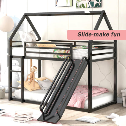 Merax Modern Twin Over Twin Heavy Steel Low Bunk Bed with Ladder and Slide, House Shaped Bunk Bed Frame with Full Lenght Guardrail, No Box Spring Needed, Space-Saving, Black