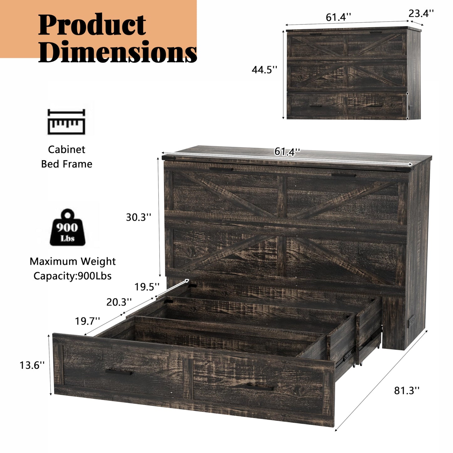 Queen Murphy Bed with Charging Station,Farmhouse Murphy Beds w/Large Storage Drawer,Hideaway Foldable Platform Bed for Guest Bedroom, Living Room, Office,Small Room,Pull Out Bedframe,Grey