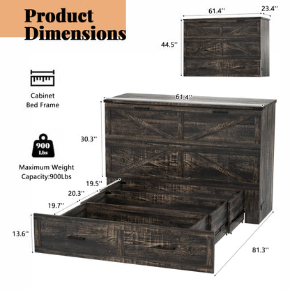 Queen Murphy Bed with Charging Station,Farmhouse Murphy Beds w/Large Storage Drawer,Hideaway Foldable Platform Bed for Guest Bedroom, Living Room, Office,Small Room,Pull Out Bedframe,Grey