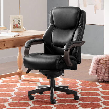 La-Z-Boy Delano Big and Tall Executive Office Chair - Ergonomic Lumbar Support Memory Foam - Bonded Leather Desk Chair for Home Office - Weathered Grey Wood Arms - Black
