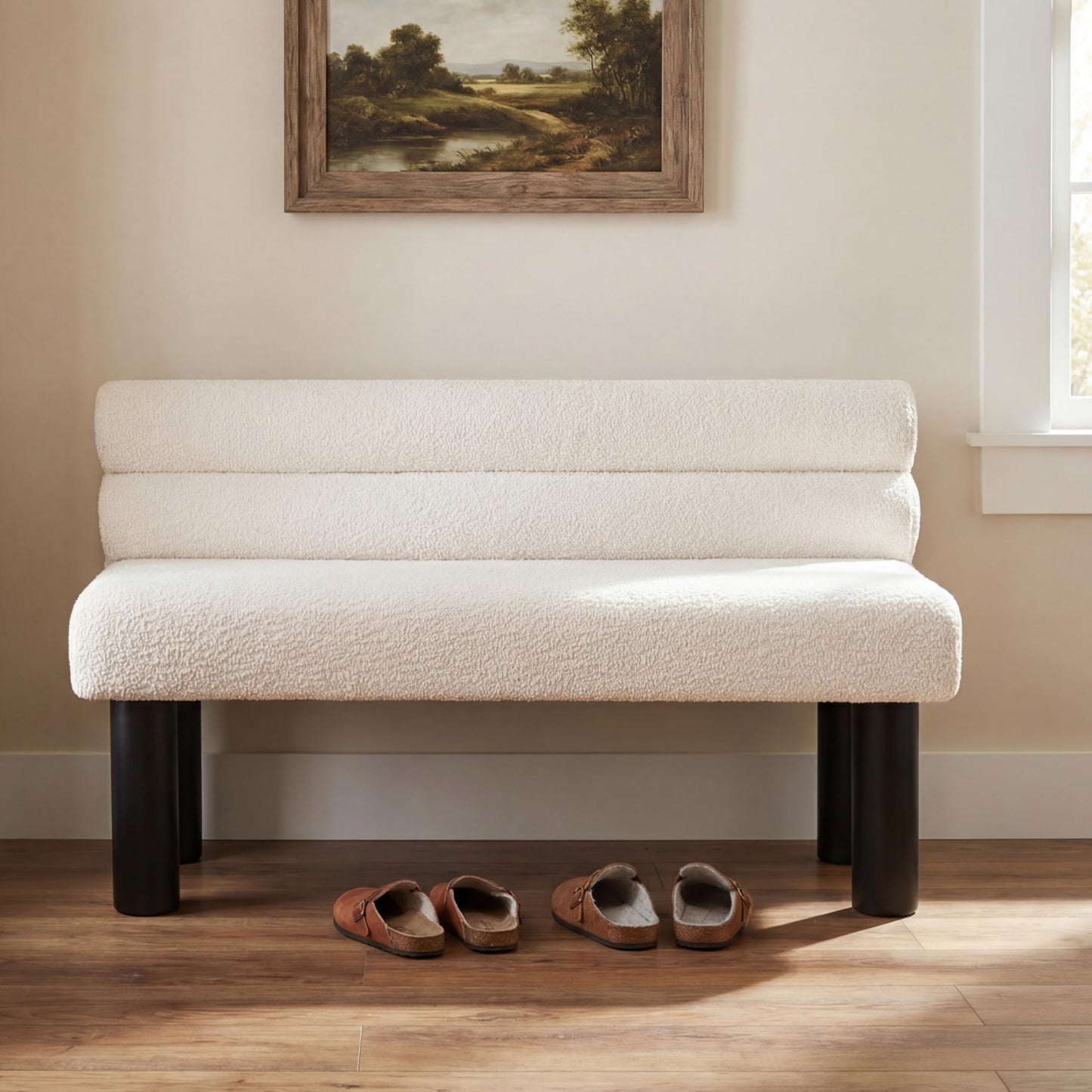 Christopher Knight Home Wally Boucle Upholstered Dining Bench, Modern Large Dining Room Chair, Entryway Ottoman Bench, Bedroom End of Bed Seating, Armless Desing and Wooden Frame, Milky White+Black