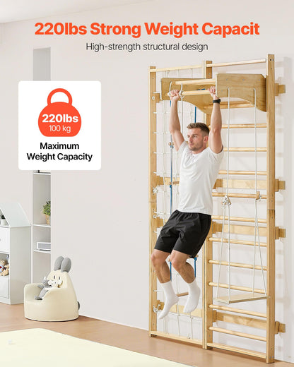 VEVOR Swedish Ladder Wall Gym, 8-in-1 12-Level Solid Wood Gymnastic Stall Bars for Kids Adults, 220LBS Indoor Jungle Gym Playset with Climbing Board, Gym Rings, Pull-Up Bar, Wall Ladder, Slide, Swing