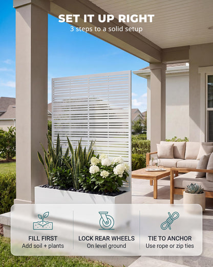 TinFrey Metal Raised Garden Bed with Trellis, 73"×47"×16" Louvered Privacy Screen Planter Box on Wheels with Drainage Holes, Easy Assembly Outdoor Planter for Patio, Deck, Balcony, Backyard - White