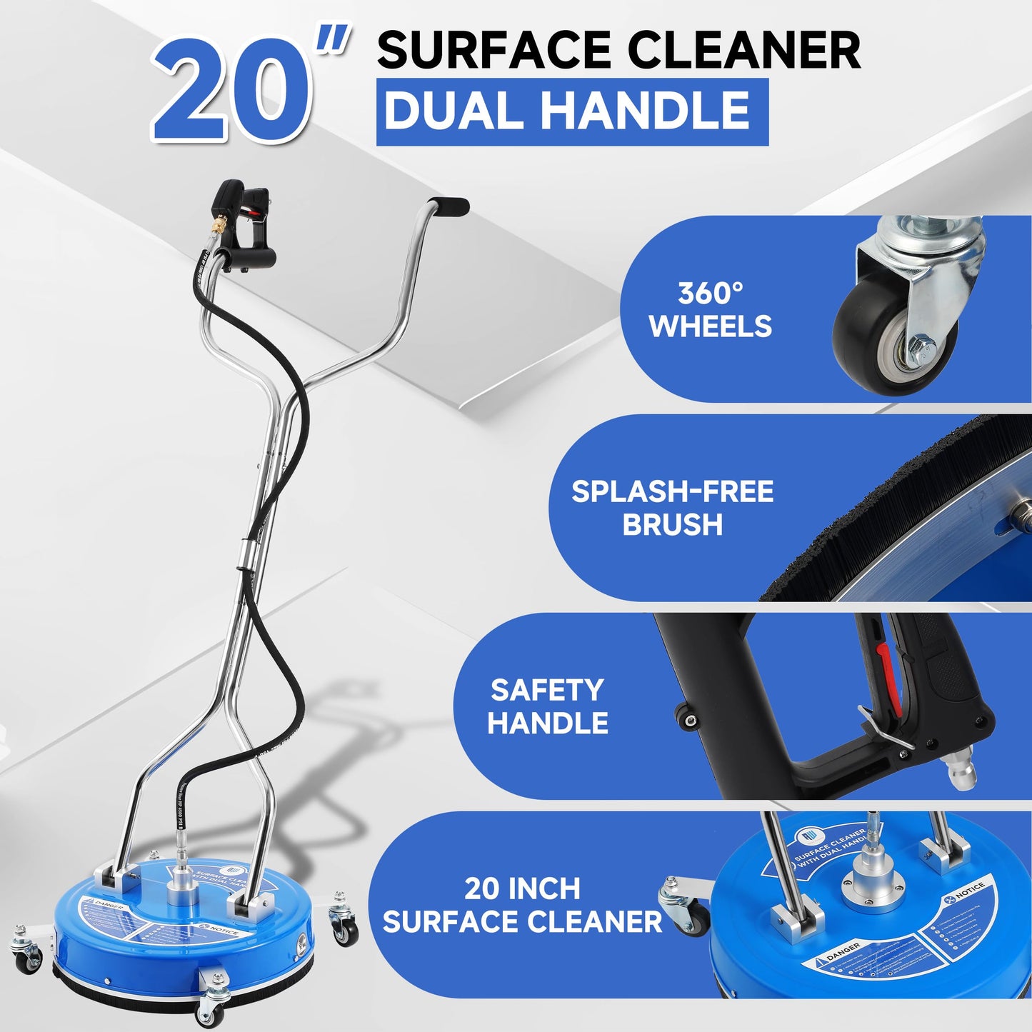 RIDGE WASHER 20’’ Pressure Washer Surface Cleaner, 4500 PSI Surface Cleaner with Dual Handle, Power Washer Surface Cleaner Attachment with Wheels for Cleaning Driveways, Sidewalks, Patios