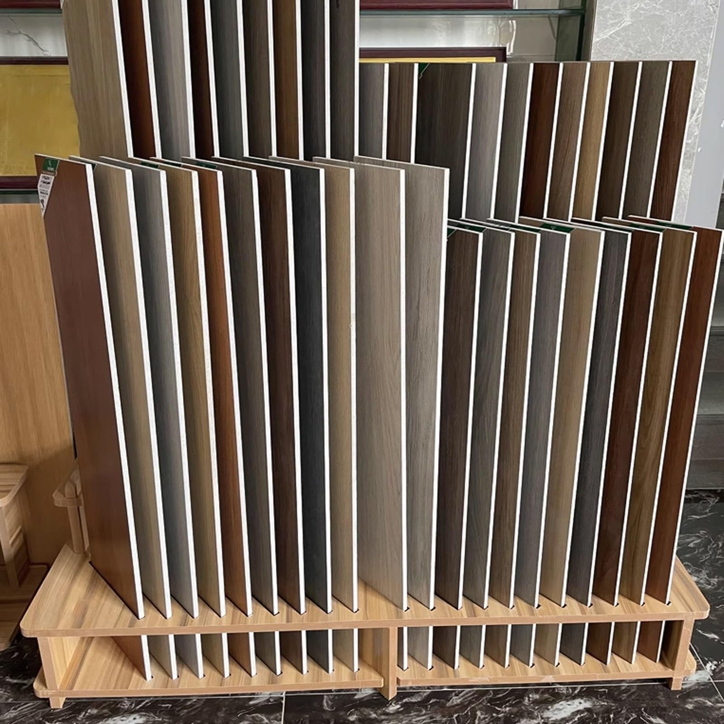 Floor Tile Sample Rack,Wooden Display Shelf for Building Materials - Stylish Long Strip Tile Stand for Marble & Floor Samples, Space-Saving Retail Store & Trade Show Rack (117x42)