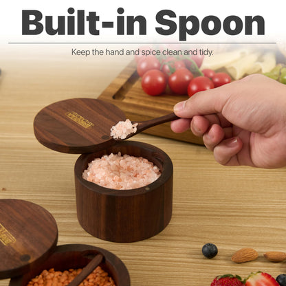 BRENZAA Walnut Wood Salt Cellar With Built in Spoon & Magnetic Swivel Lid, Spice Organizer for Salt, Herbs & Seasonings Storage Box – Kitchen Counter Storage & Gift