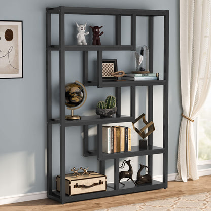 Tribesigns Way to Origin 6-Shelf Modern Bookshelf Set of 2, Industrial Etagere Bookcase, 69-Inch Tall Storage Display Staggered Shelves with Sturdy Metal Frame, Black