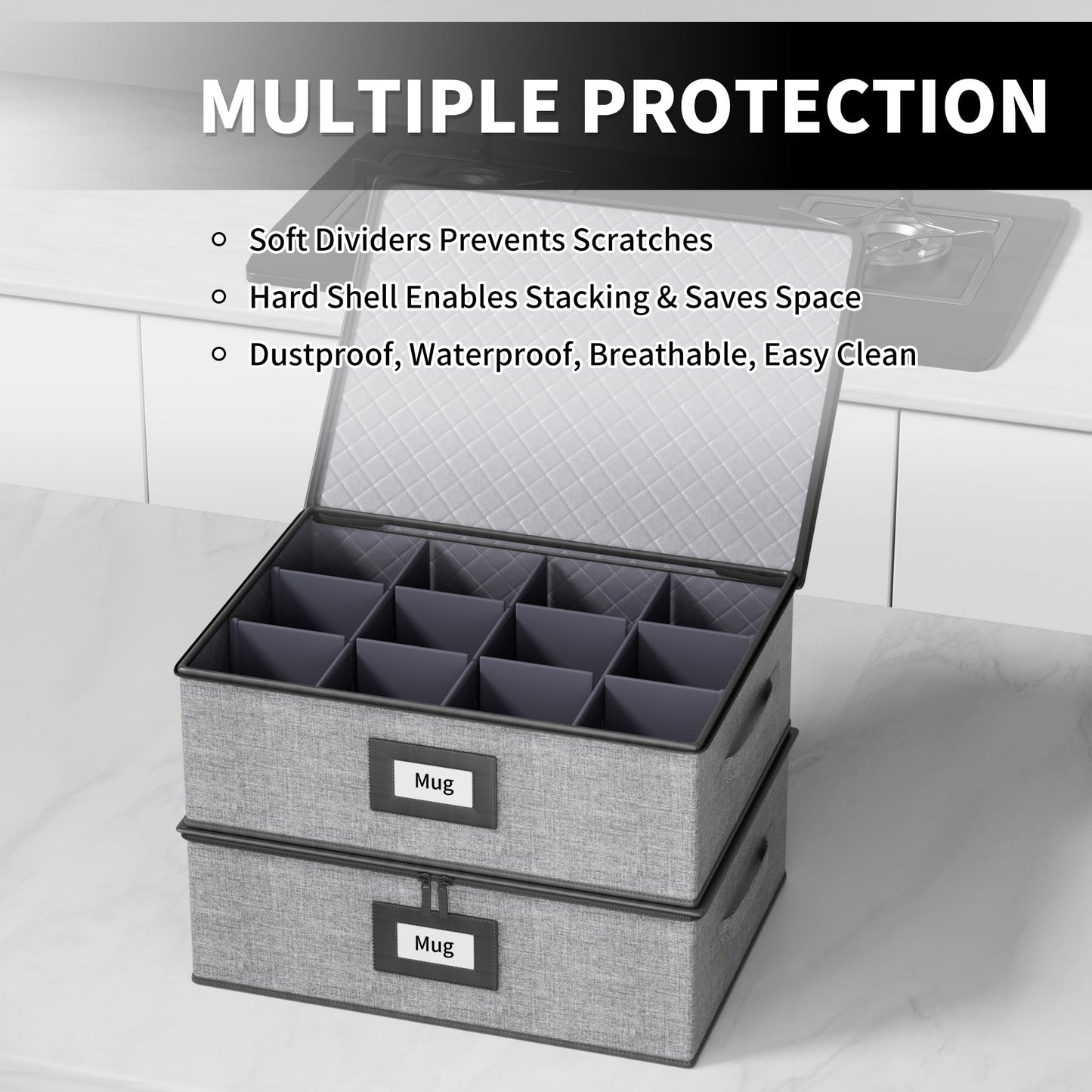 Aokeyee 2-Pack Cup & Mug Storage Box with Dividers, Hard Shell Organizer with Lid, Handles, Zippers & Label Slot, Holds 24 Mugs, Teacups & Glasses, Stackable Containerfor Moving & Protection, Grey