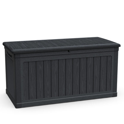 230 Gal Weatherproof Deck Box Large Outdoor Storage Organizer, Double Wall Resin Storage Chest for Patio Furniture, Cushions & Tools, Waterproof, Lockable, Bench Style Table (440lbs Capacity, Black)