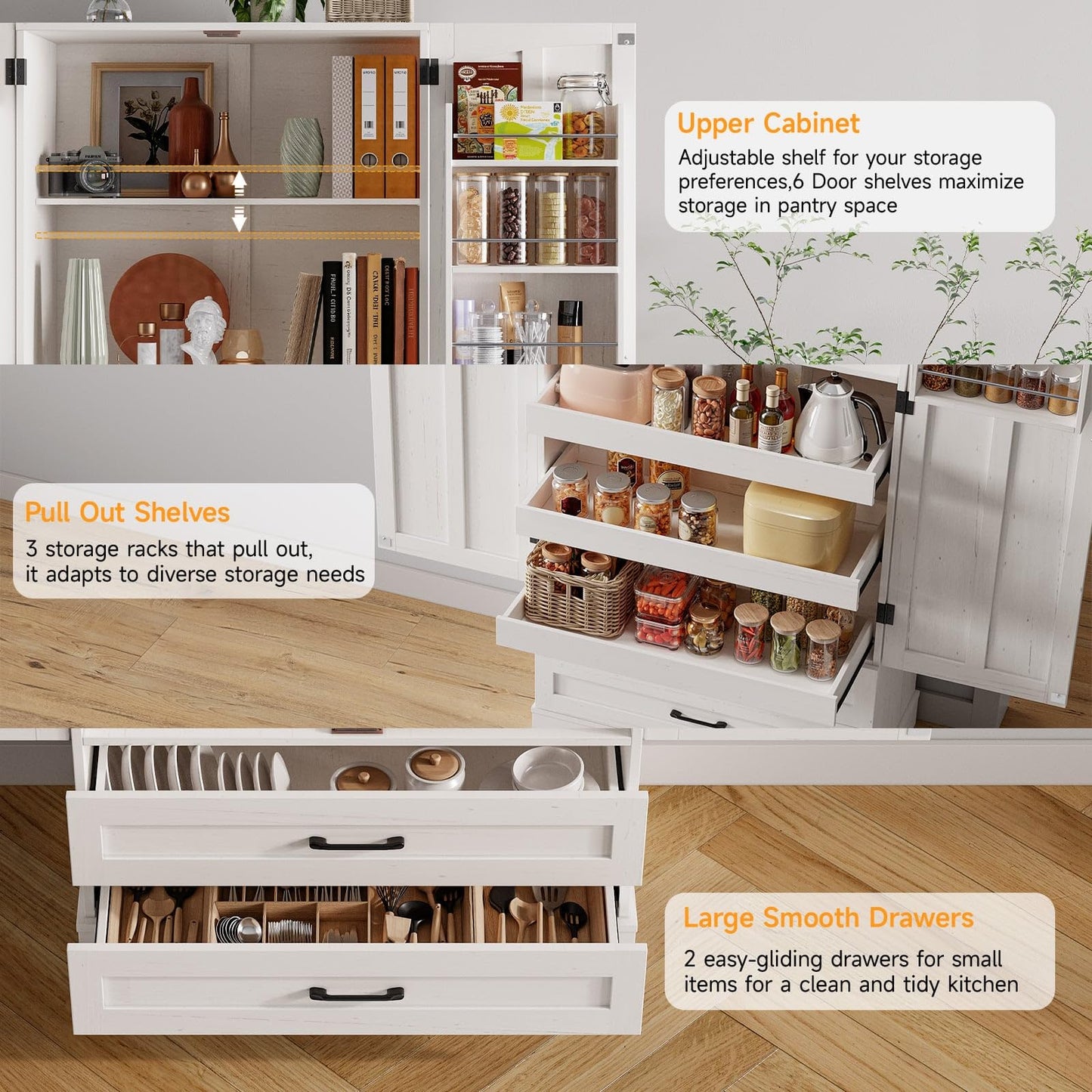 ONBRILL 71" Tall Farmhouse Kitchen Pantry Cabinet with 3 Pull Out Shelves & 2 Large Drawers, Pantry Storage Cabinet with 6 Door Shelf & Adjustable Shelf, Freestanding Cupboard for Kitchen, Dining Room