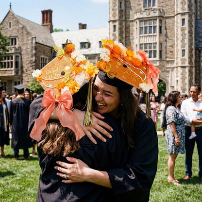 Wavwavw 58 Pcs DIY Graduation Cap Decorations Kit Grad Cap Decor Included Faux Flowers Bow Mesh 3D Butterfly Stickers, Adhesive Rhinestones, Glitter Letter Stickers, for 2026 Grad Party(Orange)