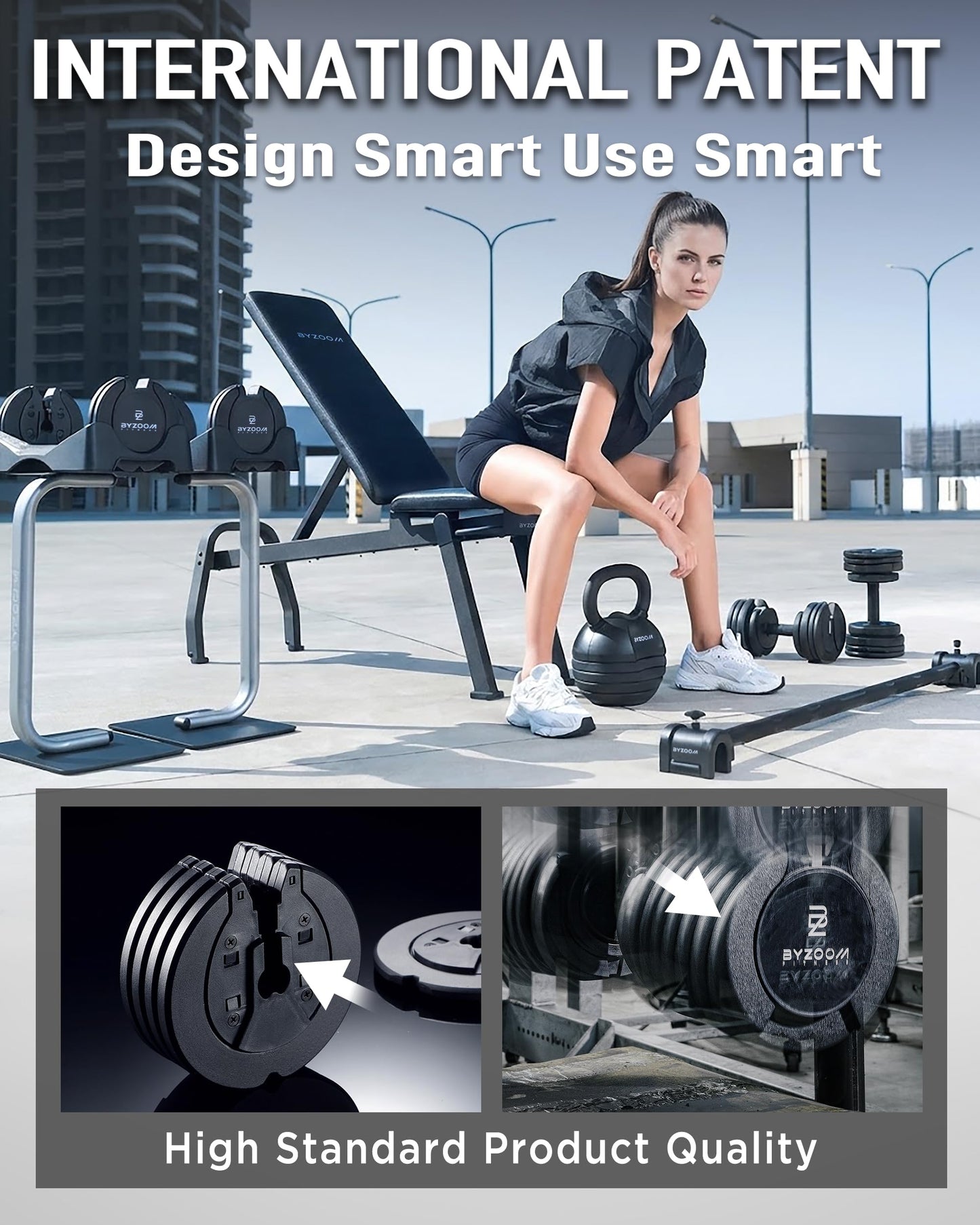 BYZOOM FITNESS Pure Series Adjustable Dumbbell – 27.5LB Pair Set of 2 – 10-in-1 Adjustable Weights for Home Gym, Garage Gym, Small Apartments, for Strength Training & Fitness Workouts, Black