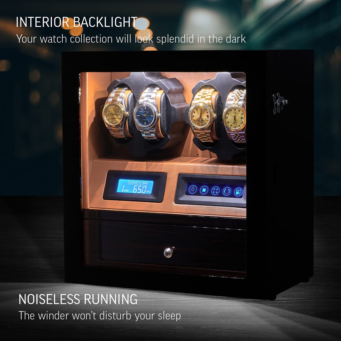 4 Watch Winder with 5 Watch Storage Space, LCD Display, Touch Control and Interior Light (Ebony + Brown)
