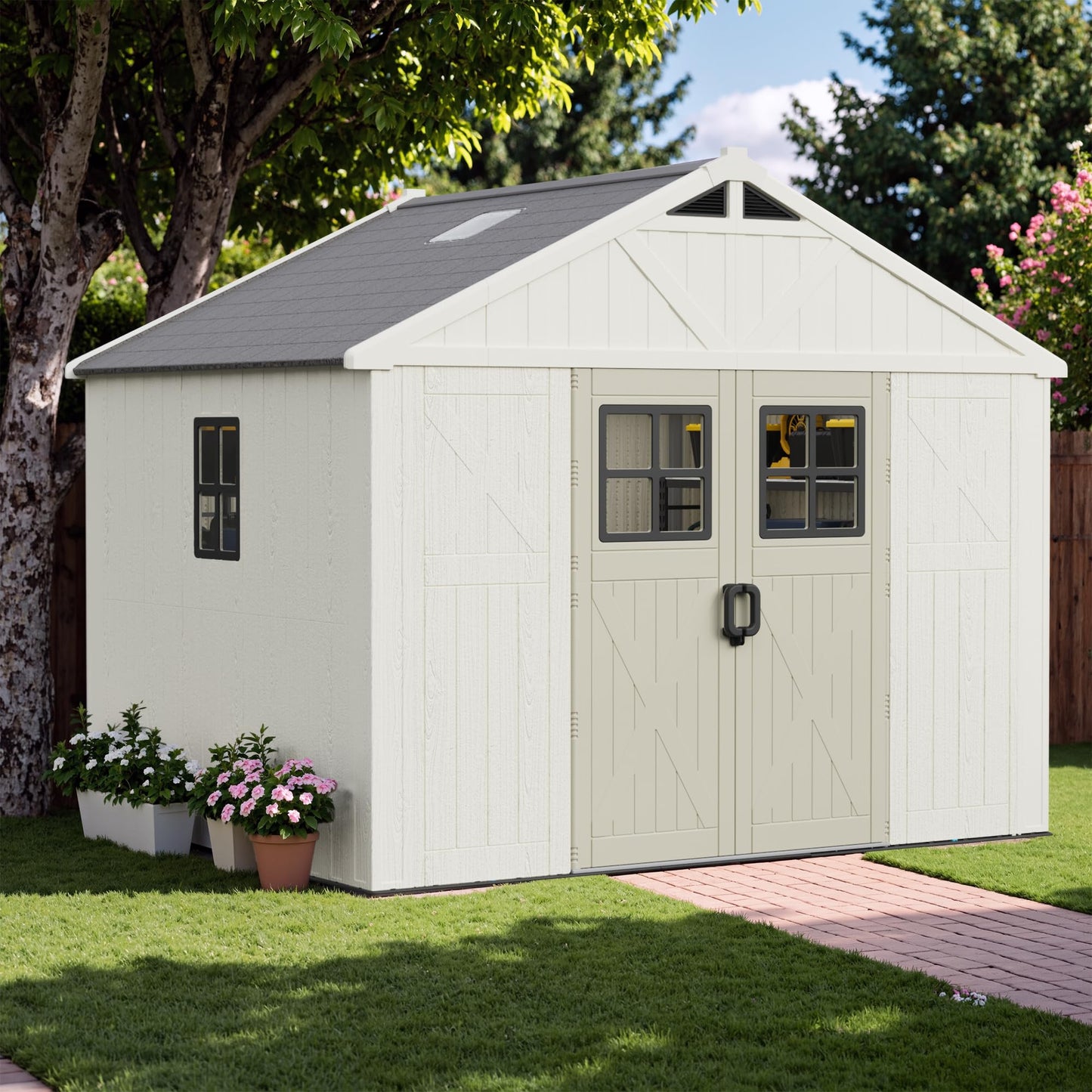 Greesum 10×8FT Plastic Outdoor Storage Shed with Floor and Lockable Door, Resin Sheds with Windows and Skylights, Organization for Garden, Backyard, Pool Supplies, Beige