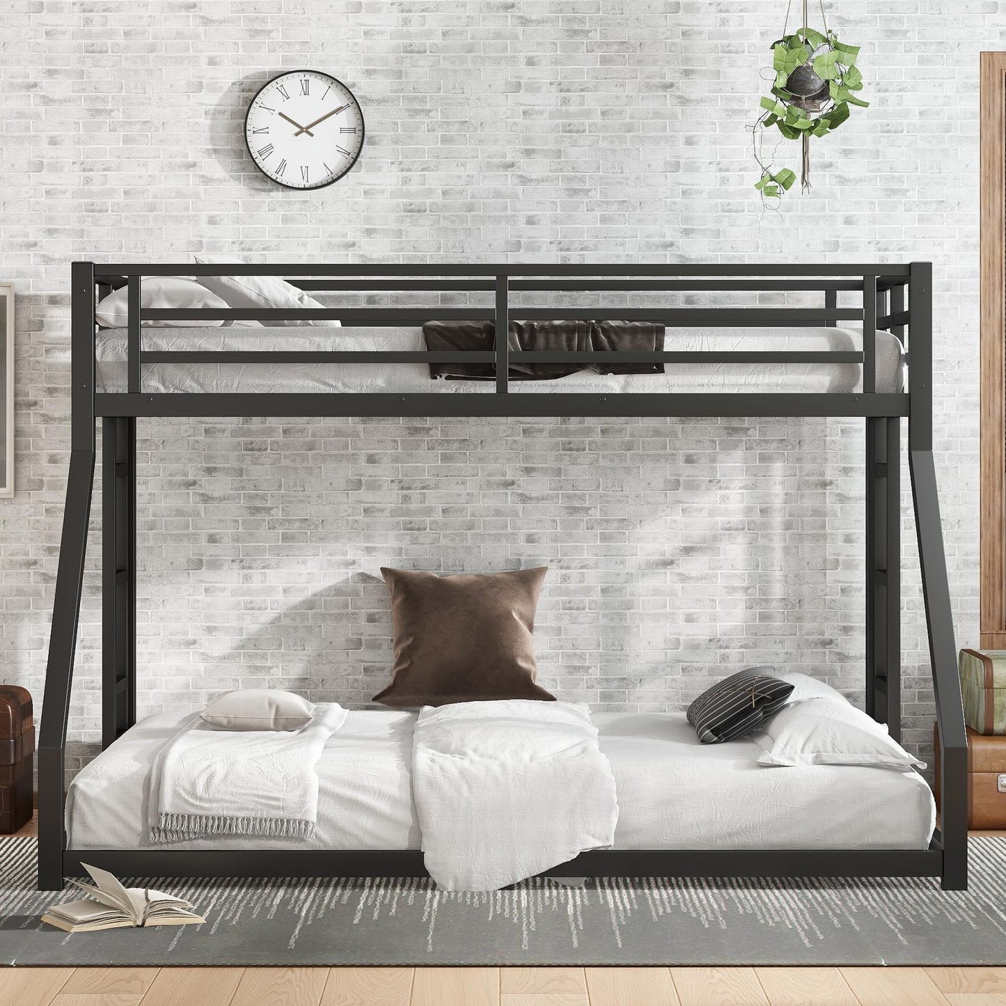 KEIKI Twin XL Over Queen Bunk Bed Metal Frame, Heavy Duty Bunk Bed with Ladder & Safety Guardrail, Noise Free, No Box Spring Needed, Space Saving Bed for Teens & Adults, Black