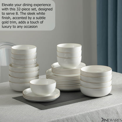 Perlaceo Luxurious Collection of 32-Piece White with Gold Rim Bone China Dinnerware Set - Lightweight and Durable - Service for 8, Including Dinner Plates, Salad Plates, and Cereal or Soup Bowls