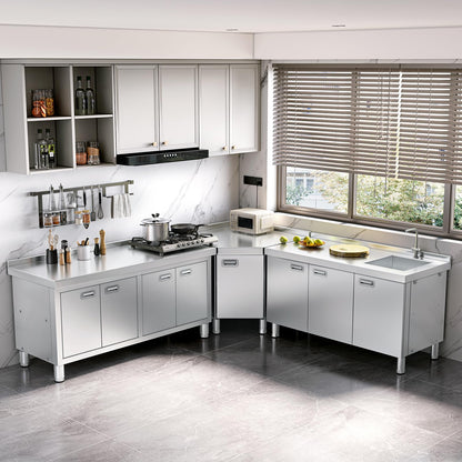 WWK 59" x 21" Stainless Steel Prep Table with Cabinet, Commercial Kitchen Table for Prep & Work, Heavy Duty Work Table with 4 Doors for Kitchen, Restaurant, Hotel, Garage and Cafe
