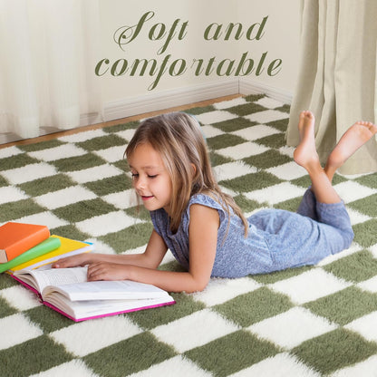 TOOHUB 5x7 Super Soft Rug for Bedroom, Ft Green and White Area Rug Classic Checkered Shaggy Anti-Skid High Pile Soft