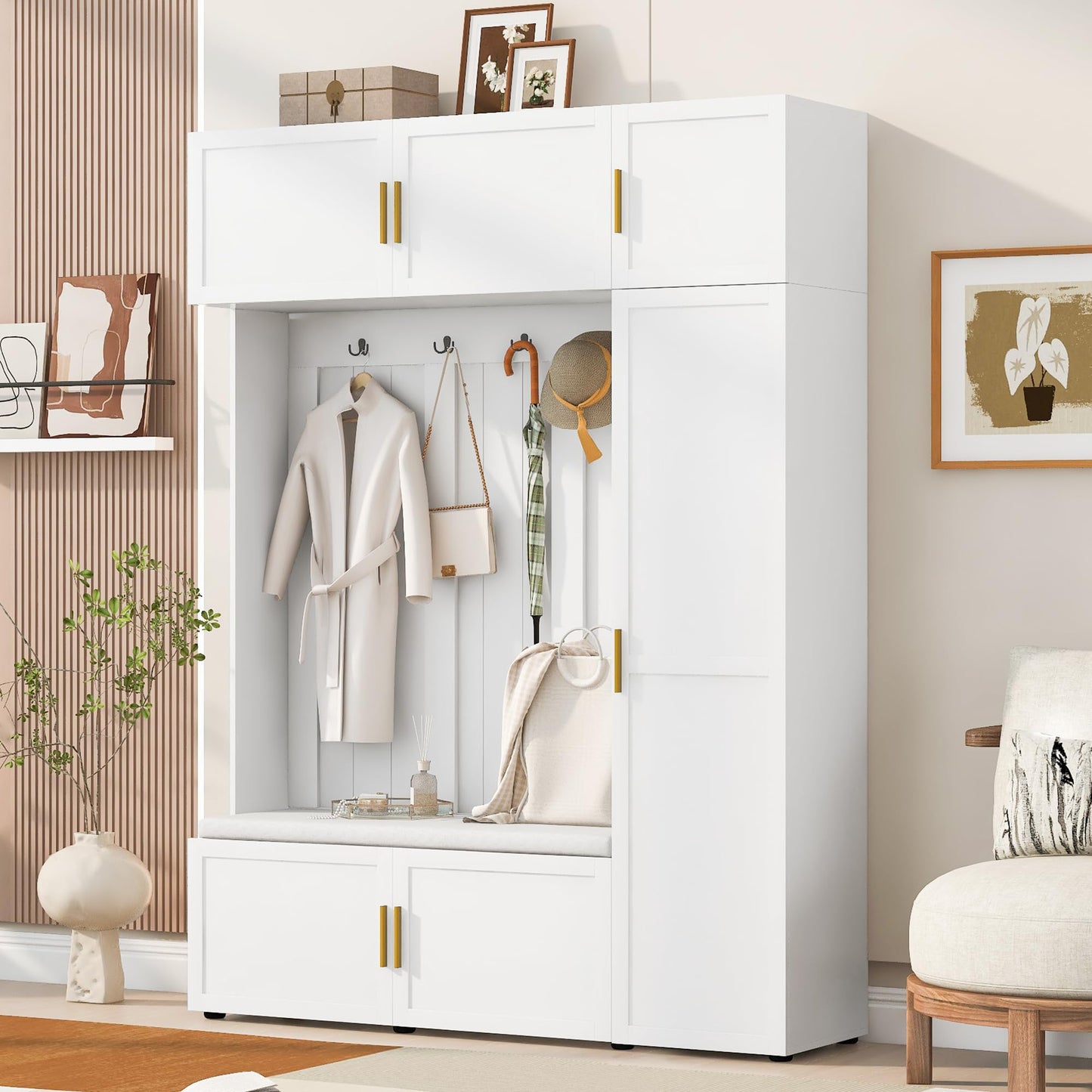 Merax 4-in-1 Hall Tree with Padded Bench, Coat Hooks, and Multi-Tier Storage Shelves – American Style Entryway Organizer for Shoes, Bags, Hats, and Daily Essentials, White