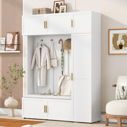 Amposei Modern Hall Tree with Shoe Storage Bench & Coat Rack, 79.72''H Tall Entryway Cabinet Organizer with 6 Doors, 4 Hooks & Padded Seat for Hallway Mudroom Living Room, White