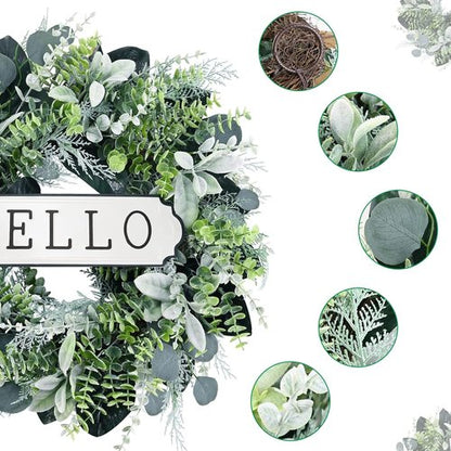 Hello 24-Inch Boxwood Wreath - Farmhouse Eucalyptus & Flocked Lamb's Ear for Front Door Decor