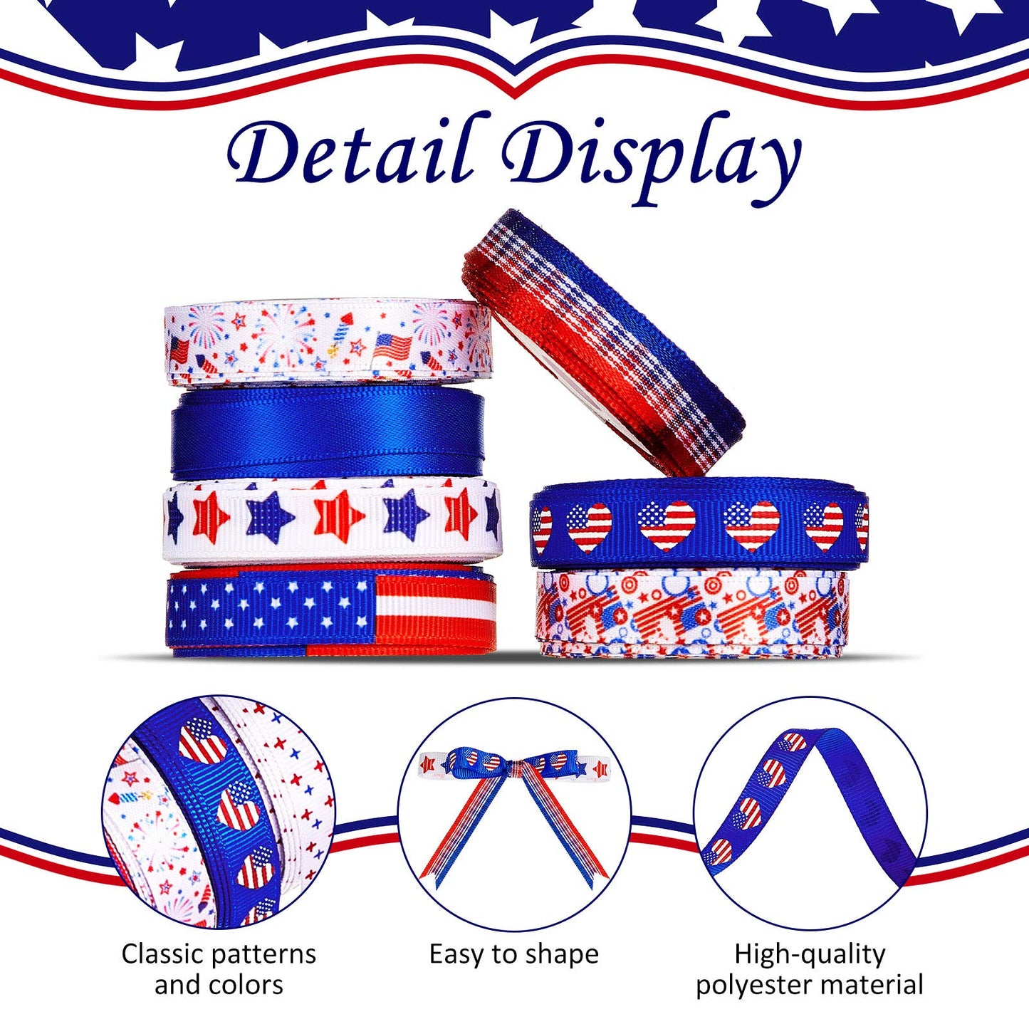 12 Rolls 60 Yards 4th of July Ribbons Red White Blue Grosgrain Ribbon Patriotic Stain Flag Ribbons for 250th Anniversary Patriotic Independence Day DIY Wrapping Craft Decoration Hair Bow Wreath