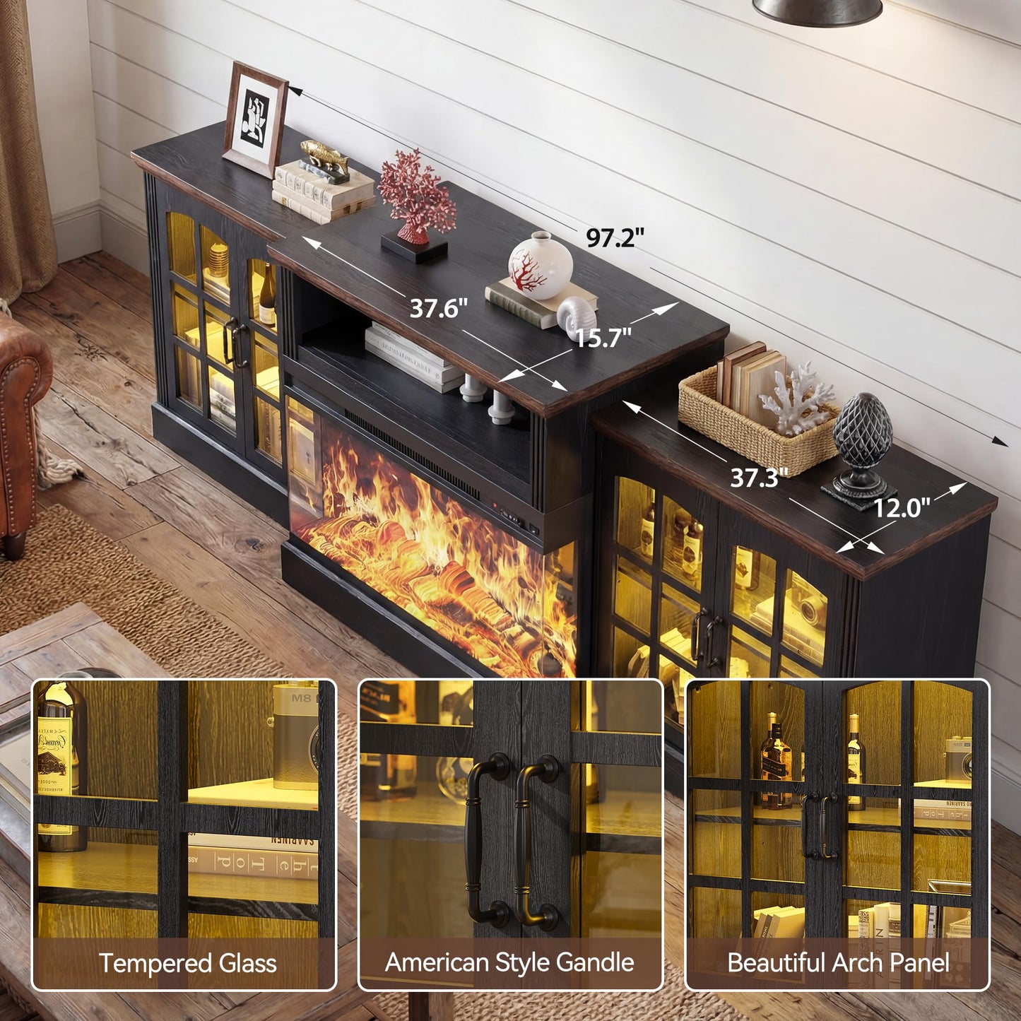 97" Farmhouse Fireplace TV Stand for TVs Up to 100", Entertainment Center with 36" 3-Sided Glass Electric Fireplace, 12 Flame Colors & LED Light Modes, Media Console for Living Room, Black