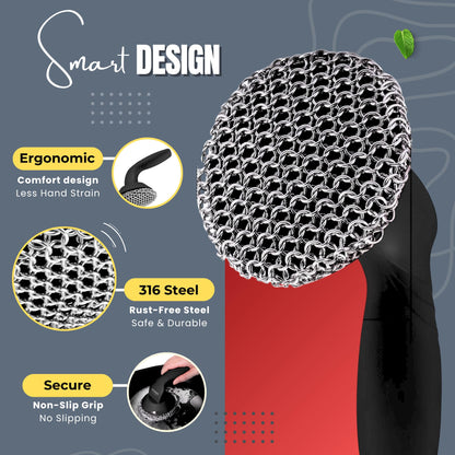 KIVANO Cast Iron Scrubber with Pan Scraper, 316L Chainmail Scrubber, Long Handle Cast Iron Cleaner for Dishes, Pans, Grills, Upgraded Chain Mail Scrubber for Grill Pan Skillet Wok Carbon Steel