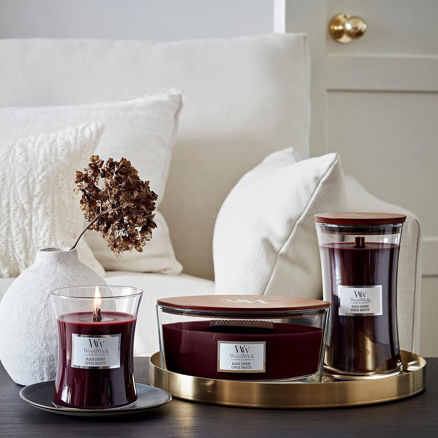 WoodWick Medium Hourglass Candle, Black Cherry - Premium Soy Blend Wax, Pluswick Innovation, Made in USA