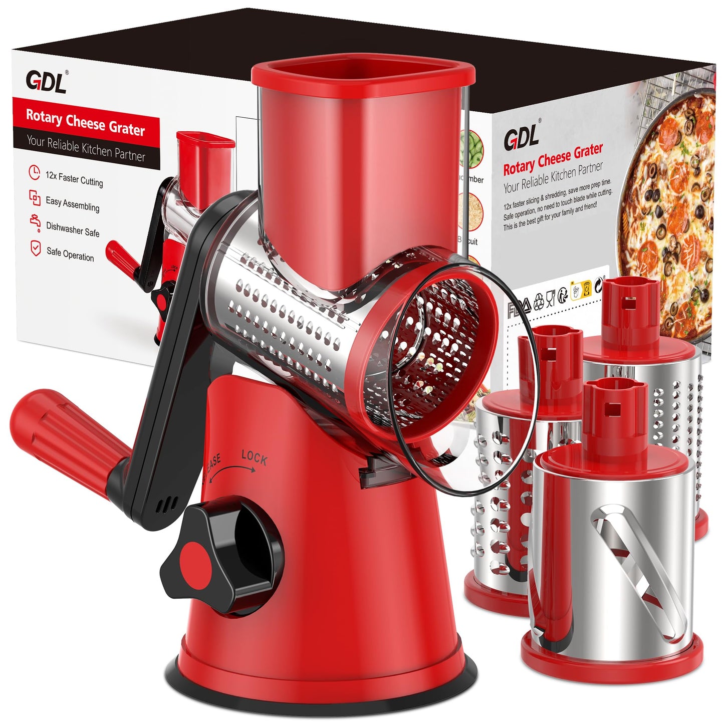 Cheese Grater Rotary, Rotary Grater for Kitchen, Kitchen Grater Vegetable Slicer with 3 Drum Blades, Fast Cutting Cheese Shredder for Vegetables and Nuts