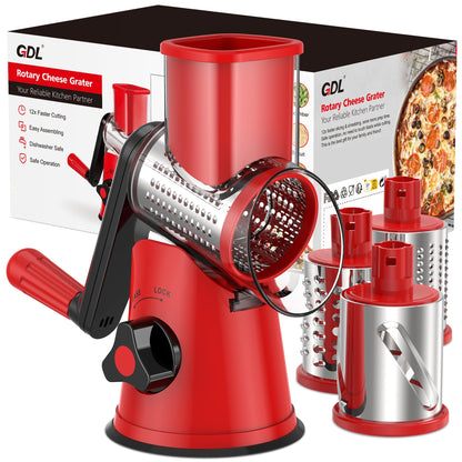 Cheese Grater Rotary, Rotary Grater for Kitchen, Kitchen Grater Vegetable Slicer with 3 Drum Blades, Fast Cutting Cheese Shredder for Vegetables and Nuts