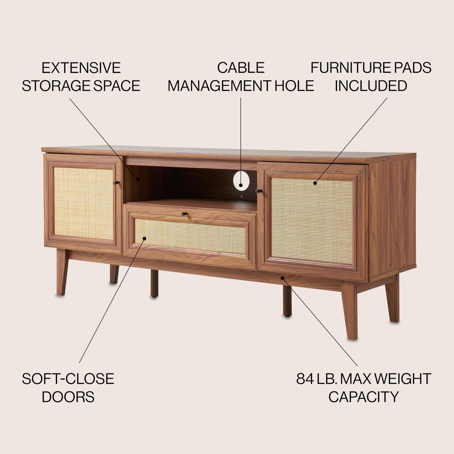 JONATHAN Y Finley 59" Mid-Century Walnut Rattan TV Stand for TVs up to 65 Inch, Wood Media Console with Woven Cane Soft-Close Doors and Drawer, Bohemian Entertainment Center for Living Room TVS1002B