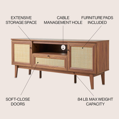 JONATHAN Y Finley 59" Mid-Century Walnut Rattan TV Stand for TVs up to 65 Inch, Wood Media Console with Woven Cane Soft-Close Doors and Drawer, Bohemian Entertainment Center for Living Room TVS1002B
