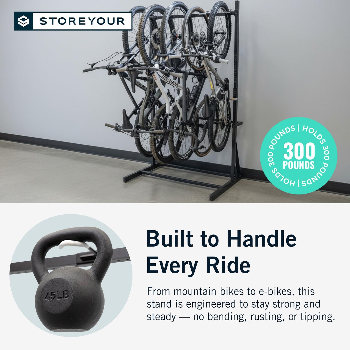 StoreYourBoard Vertical Bike Rack Garage Storage System for 5 Bikes | Freestanding Bike Rack Heavy Duty Floor Bike Stand Bicycle Organizer for Road Mountain Hybrid Kids Bikes | Holds upto 300 lb