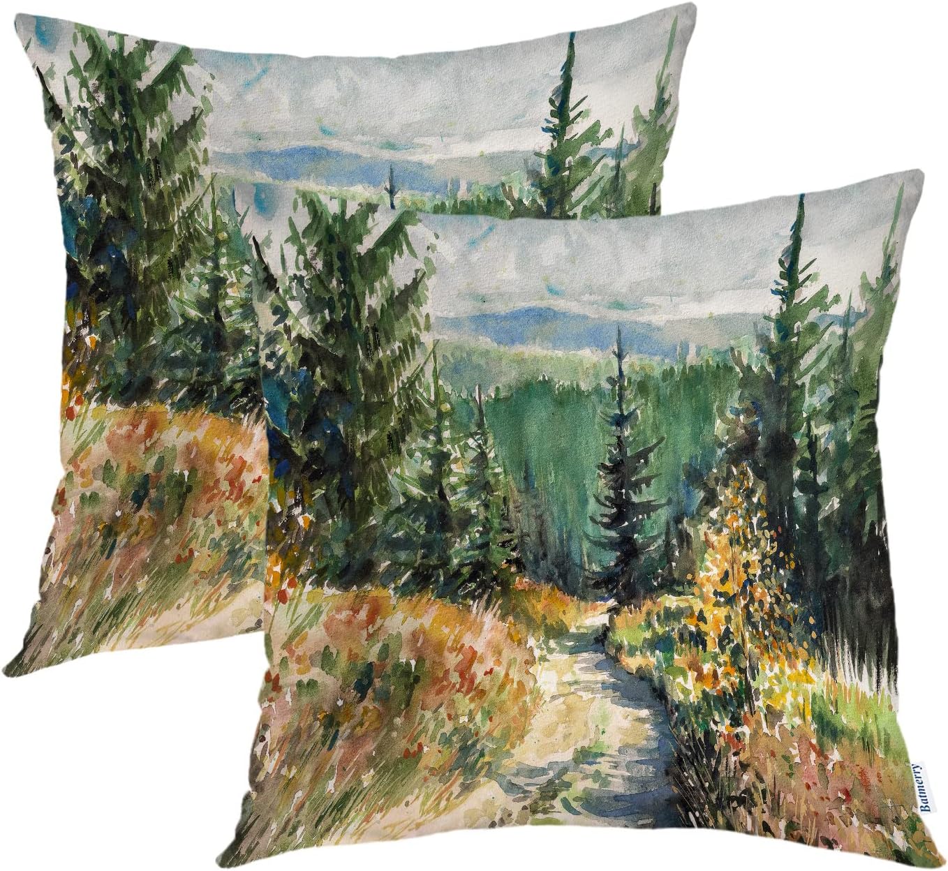 Batmerry Watercolors Landscape Throw Pillow Covers, Decorative Pillow Covers with Road in Mountains 18X18 in
