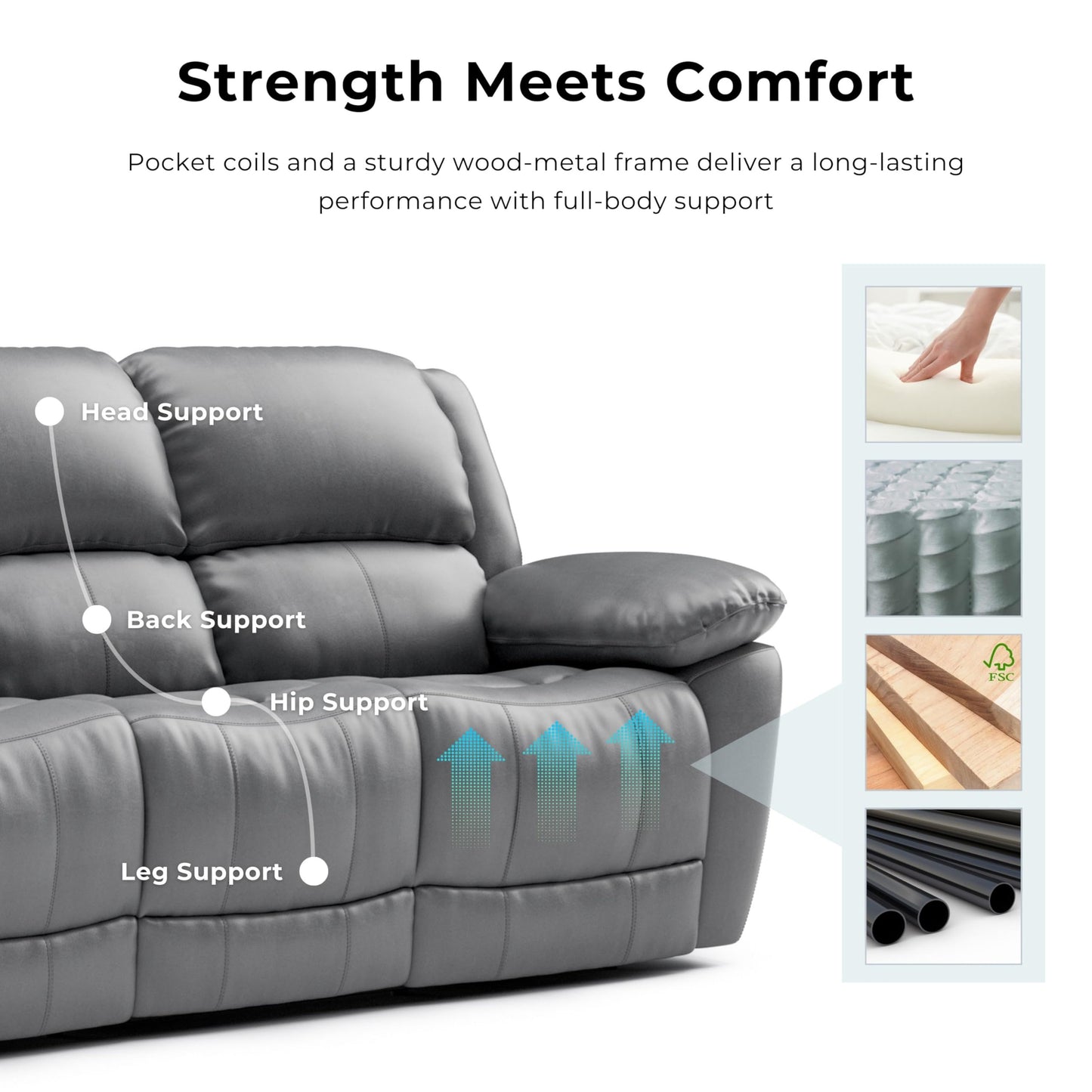 Furniture of America Sorin Modern Leather Recliner Chair with Pillow Armrests and High Density Foam, Reclining Sofa, Comfortable Couch for Living Room, Office, FSC Certified, Dark Gray