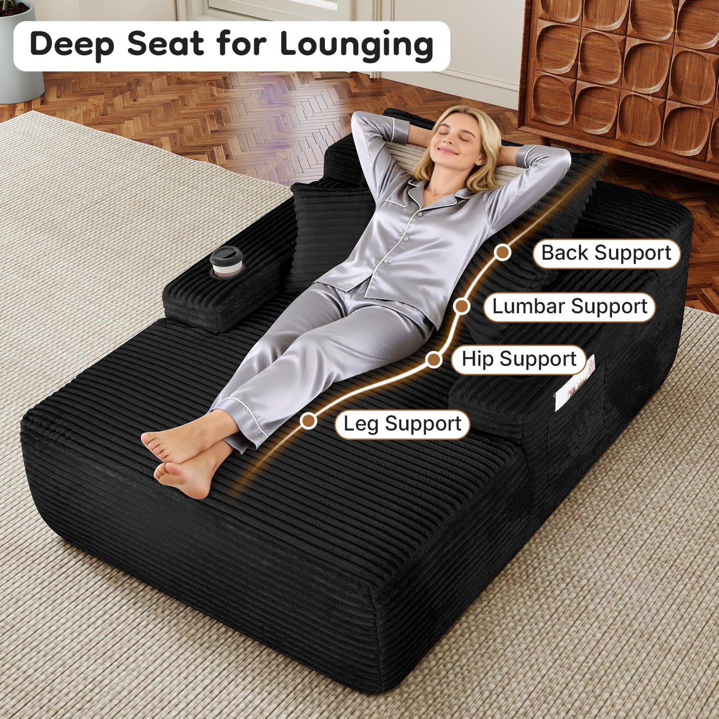Rovibek 65" Chaise Lounge Chair Indoor, Oversized Boneless Chair for Living Room, Sofa Sleeper Chair with Cup Holders & Throw Pillows No Assembly Required, Black