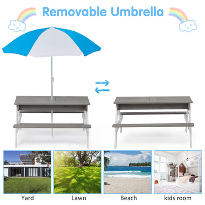 3-in-1 Kids Outdoor Wooden Picnic Table with Umbrella, Convertible Sand & Wate, Gray ASTM & CPSIA Certification