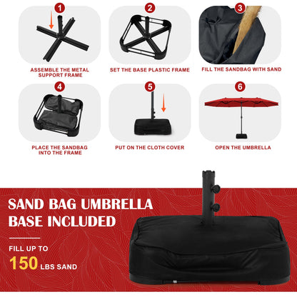 Sundale Outdoor Solar 15 ft 144 LED Olefin 5-Year-Non-Fading Patio Umbrella with Sandbag Base Included and Cover, Outdoor Double-Sided Umbrella with Lights, Red