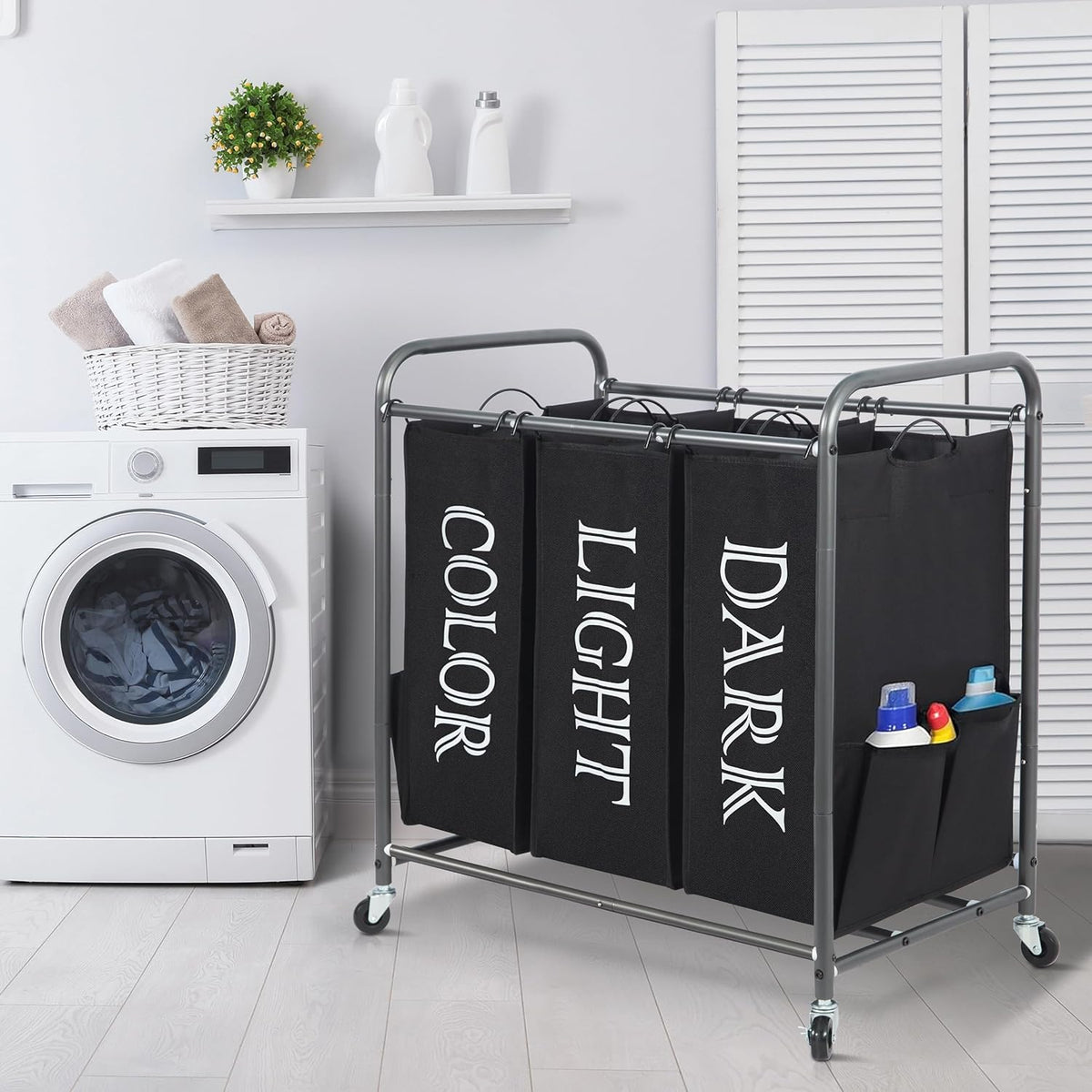 Storage Maniac Laundry Sorter - 3 Section Hamper Cart with Lockable Wheels & Removable Bag | 35.9 Gal Black
